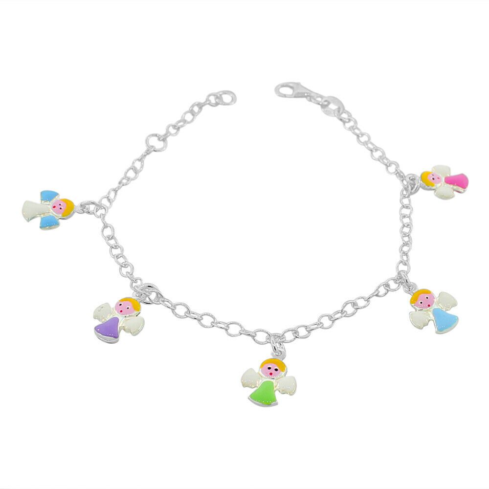 

Sterling Silver Multicolor Enamel Angels Womens Girls Link Chain Bracelet