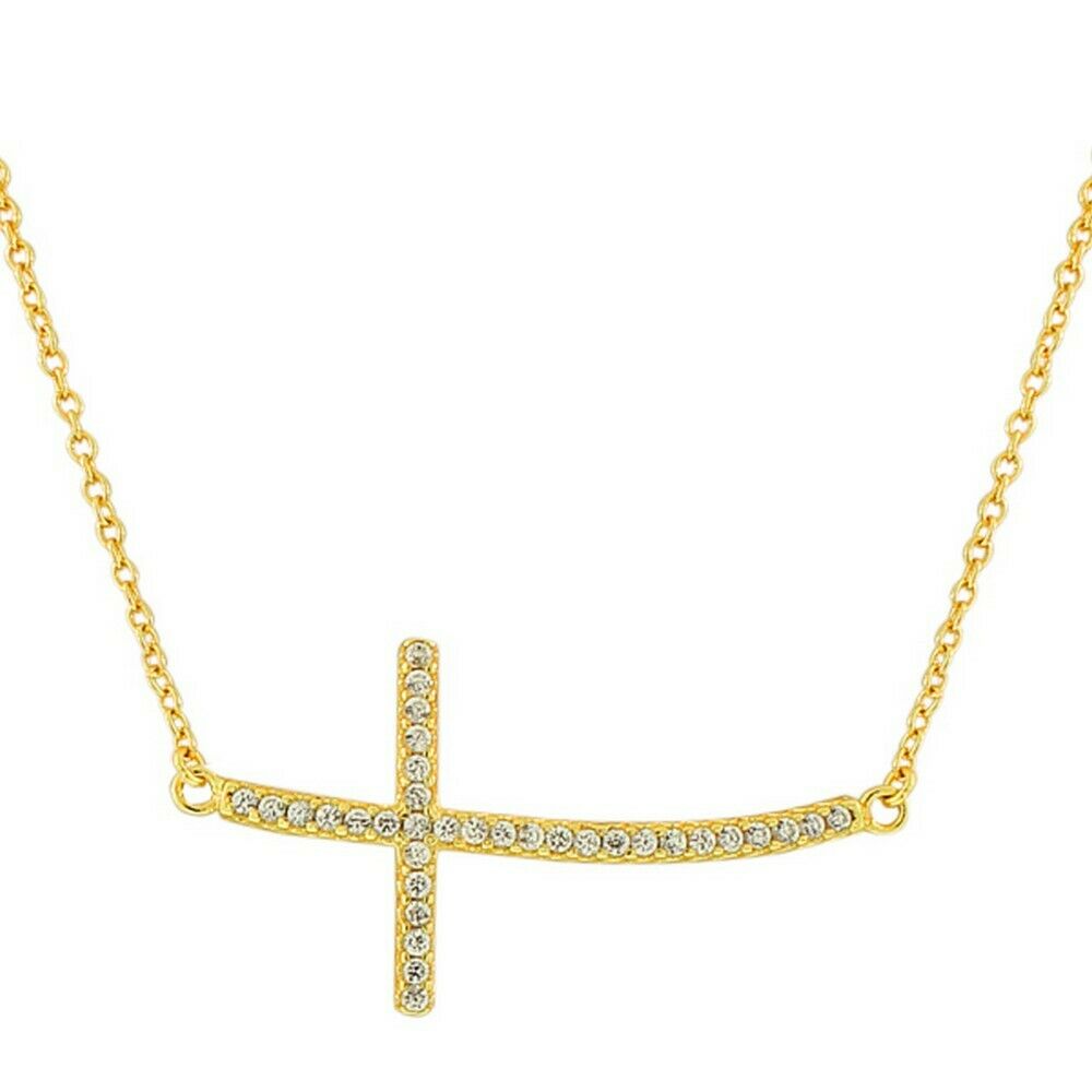 

Sterling Silver Yellow Gold Horizontal Religious Cross Crystals Pendant Necklace