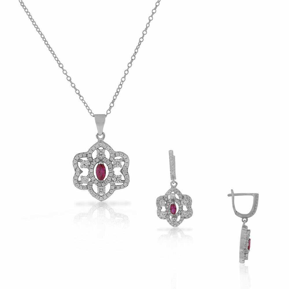 

Sterling Silver Red Ruby-Tone CZ Dangle Earrings Pendant Necklace Set
