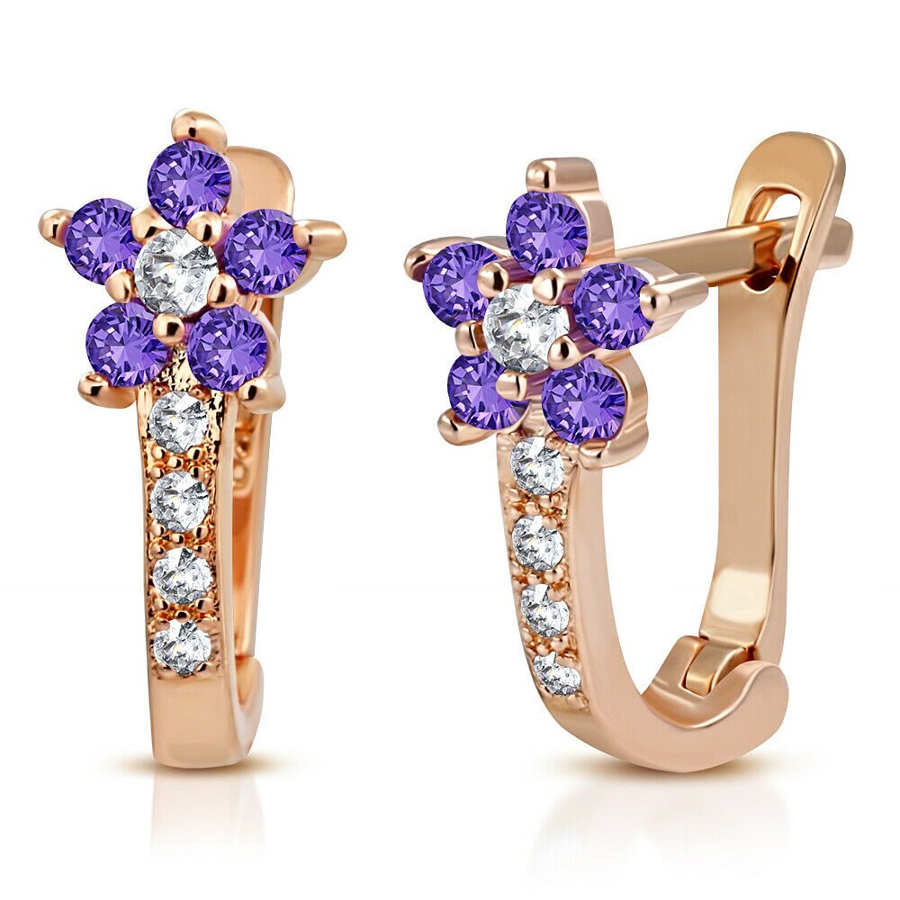 

Sterling Silver Rose Gold-Tone White Purple CZ Girls Huggie Flower Earrings