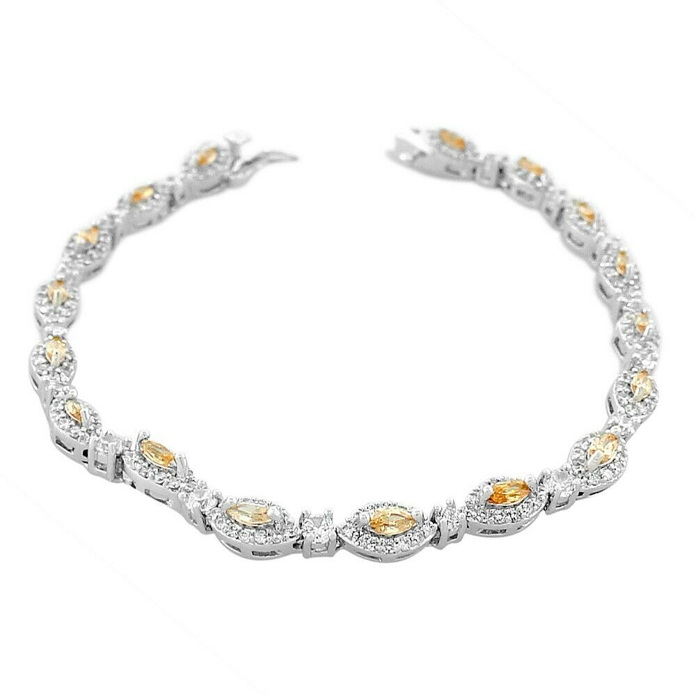 

Sterling Silver Marquise White Cognac Brown Crystals CZ Tennis Bracelet