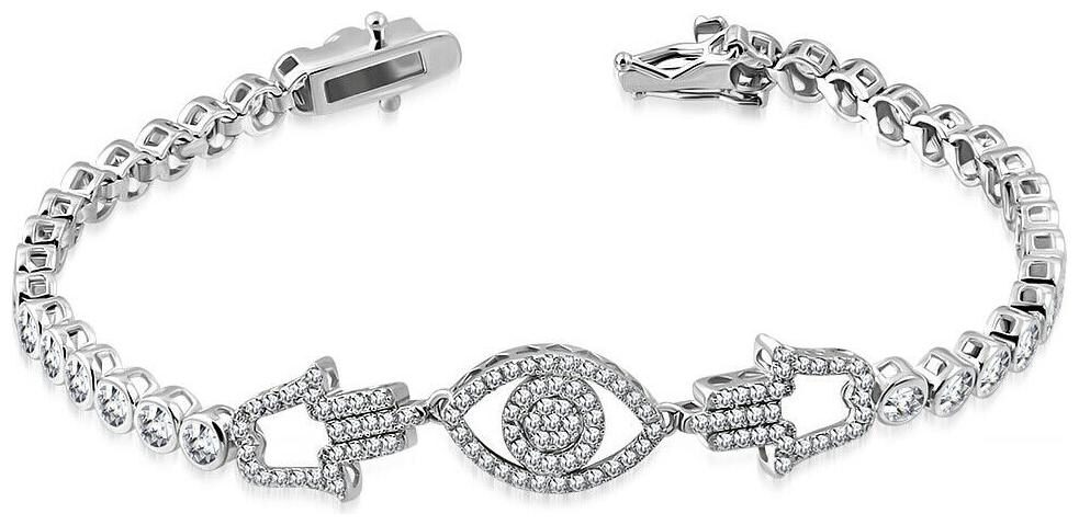 

Sterling Silver White Bezel-Set CZ Hamsa Evil Eye Protection Tennis Bracelet