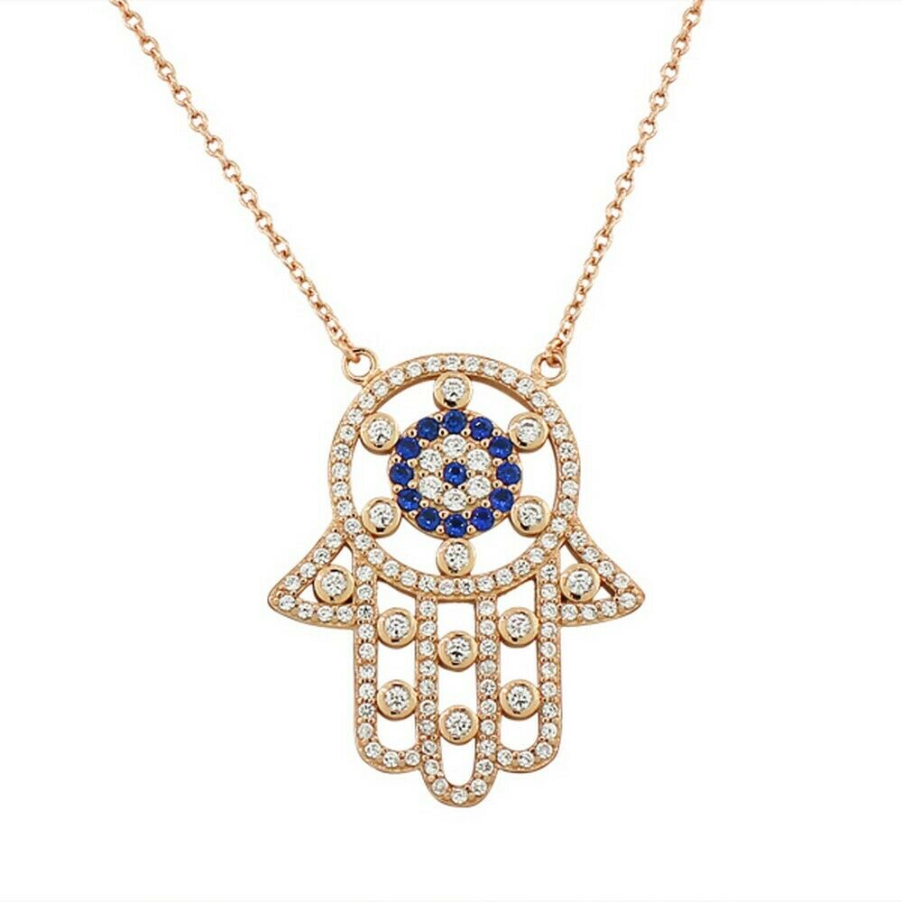 

Sterling Silver Evil Eye Hamsa White Blue Crystals CZ Womens Pendant Necklace