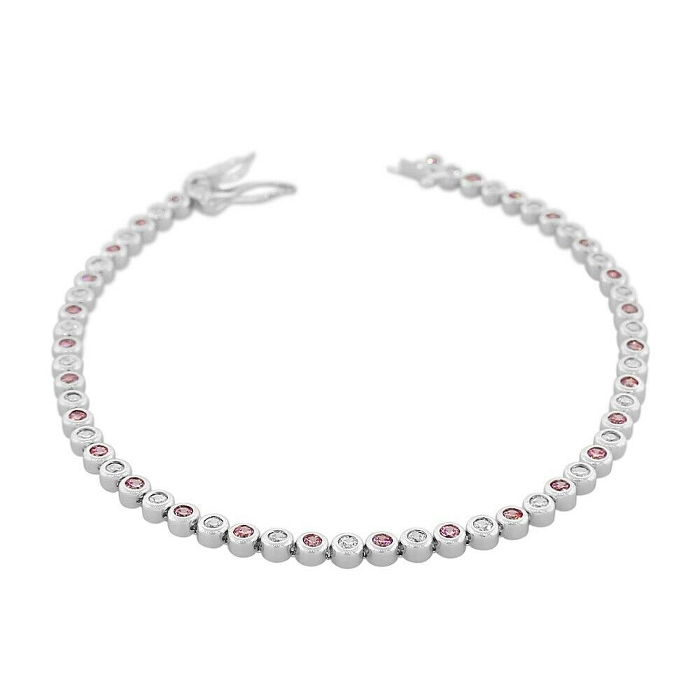 

Sterling Silver Bezel-Set Round White Pink Crystals CZ Classic Tennis Bracelet