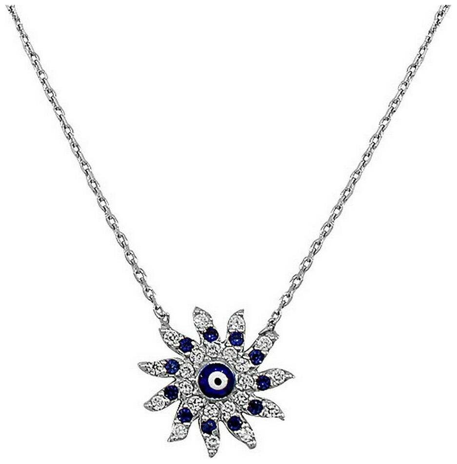 

Sterling Silver Evil Eye Hamsa Flower Sun Blue Crystals CZ Pendant Necklace