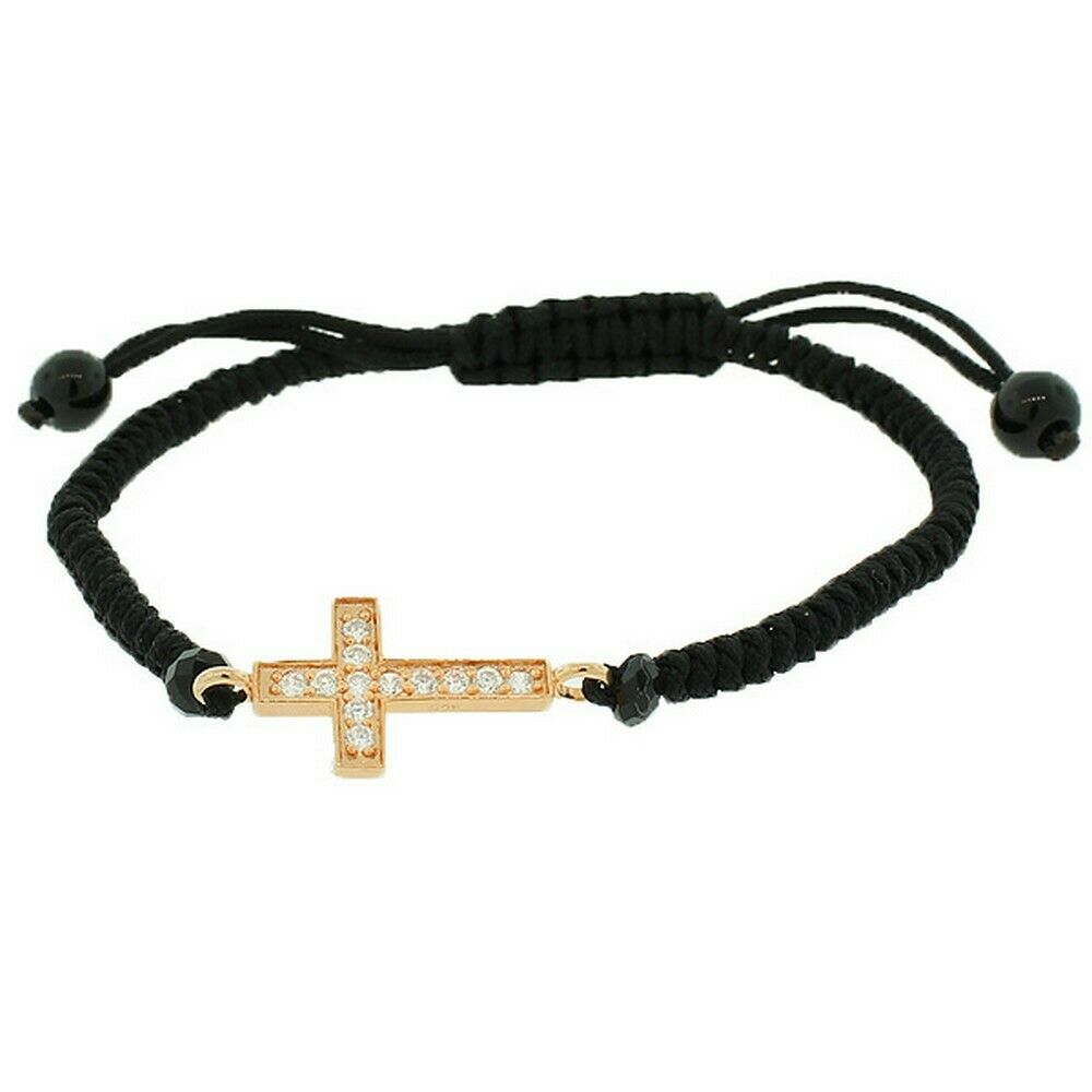 

Sterling Silver Rose Black Cord Crystals Religious Cross Adjustable Bracelet