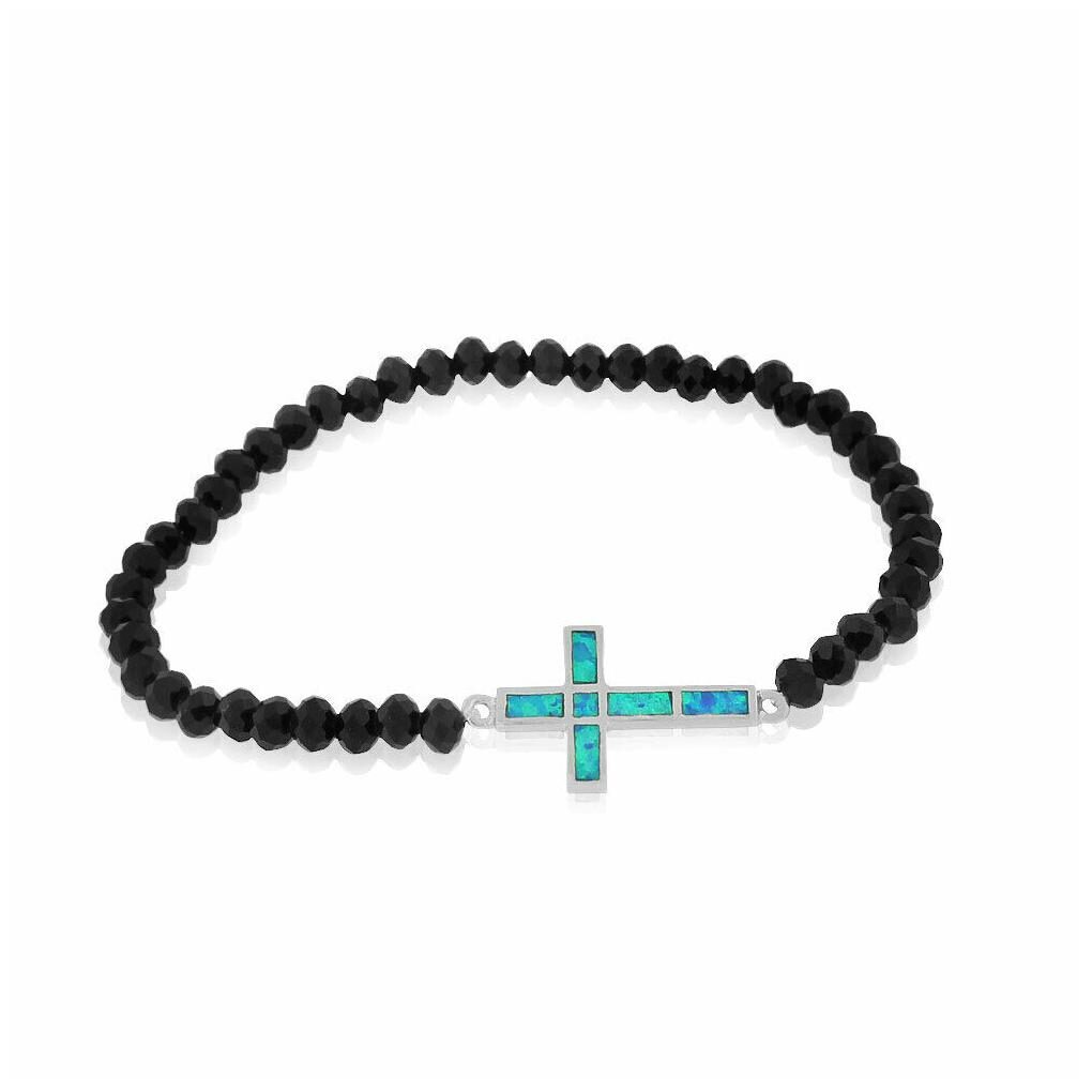 

Sterling Silver Simulated Onyx Turquoise-Tone Opal Latin Cross Stretch Bracelet