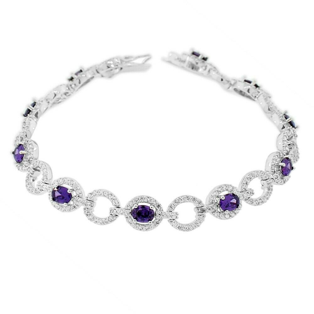 

Sterling Silver White Purple Violet Amethyst-Tone Crystals CZ Tennis Bracelet