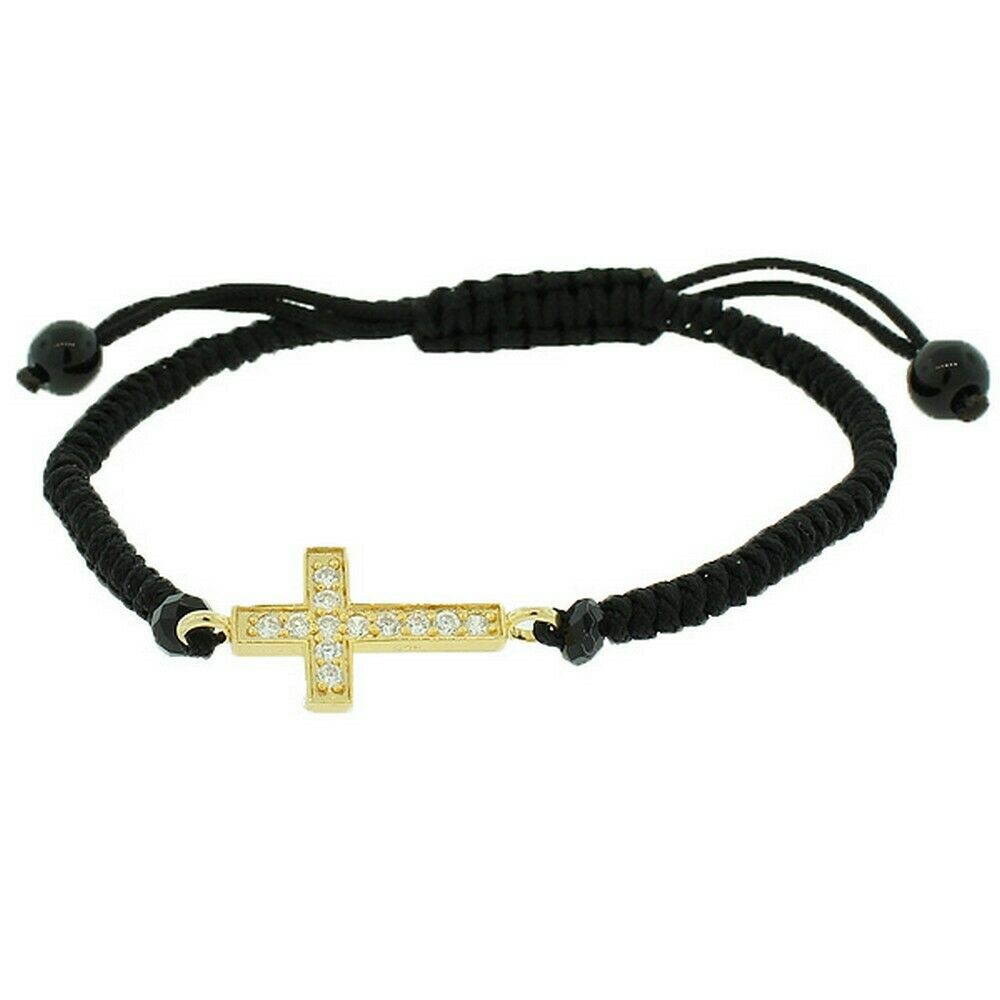 

Sterling Silver Gold Black Cord Crystals Religious Cross Adjustable Bracelet