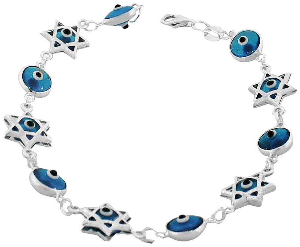 

Sterling Silver Glass Blue Evil Eye Star of David Womens Link Chain Bracelet