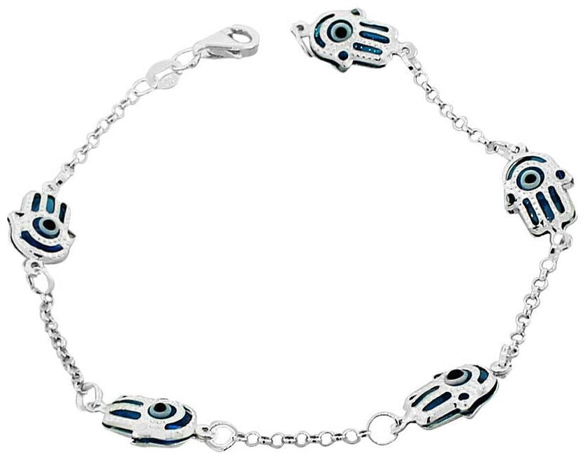 

Sterling Silver Glass Blue Evil Eye Hamsa Womens Link Chain Bracelet