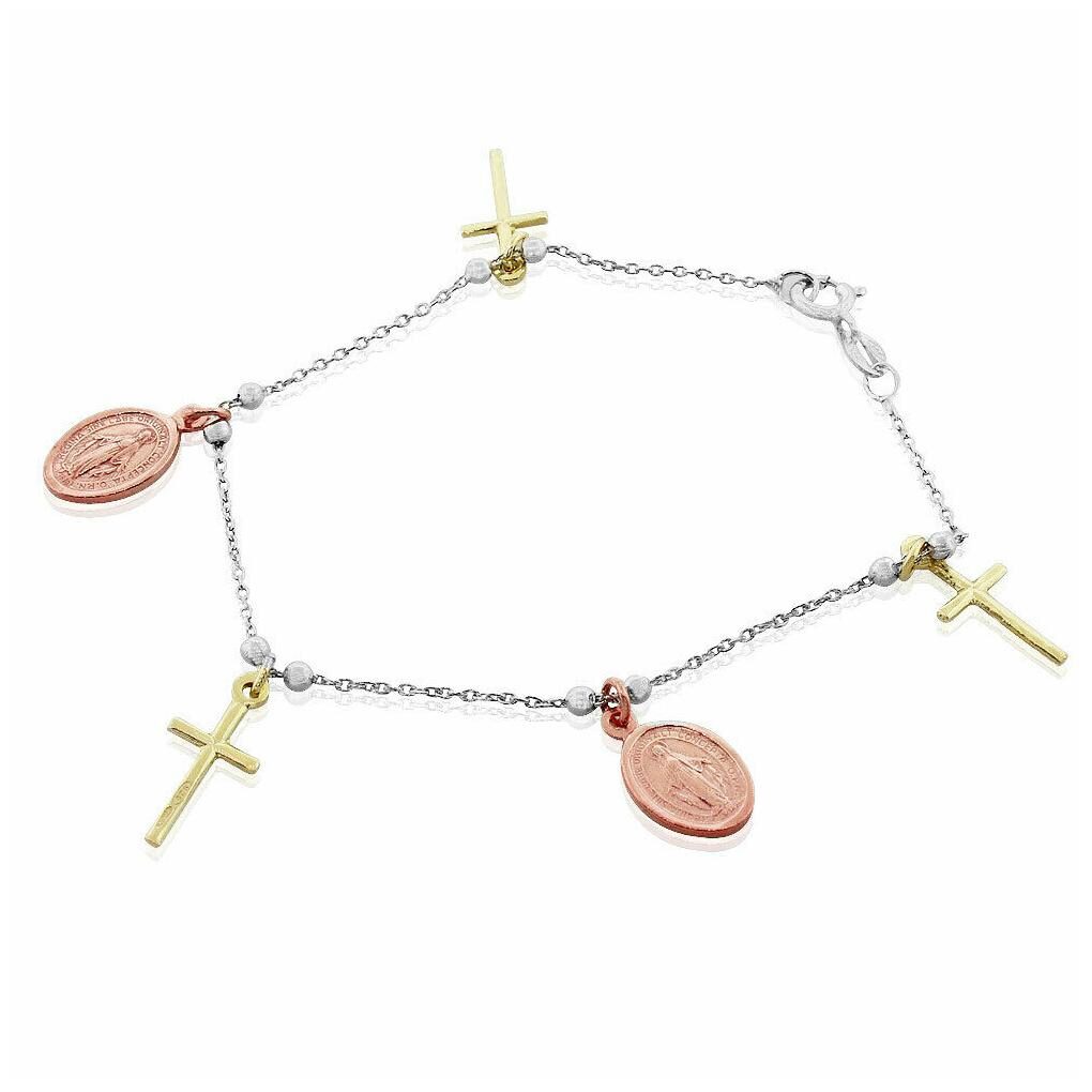 

Sterling Silver Rose Yellow Gold Religious Cross Virgin Mary Chain Bracelet