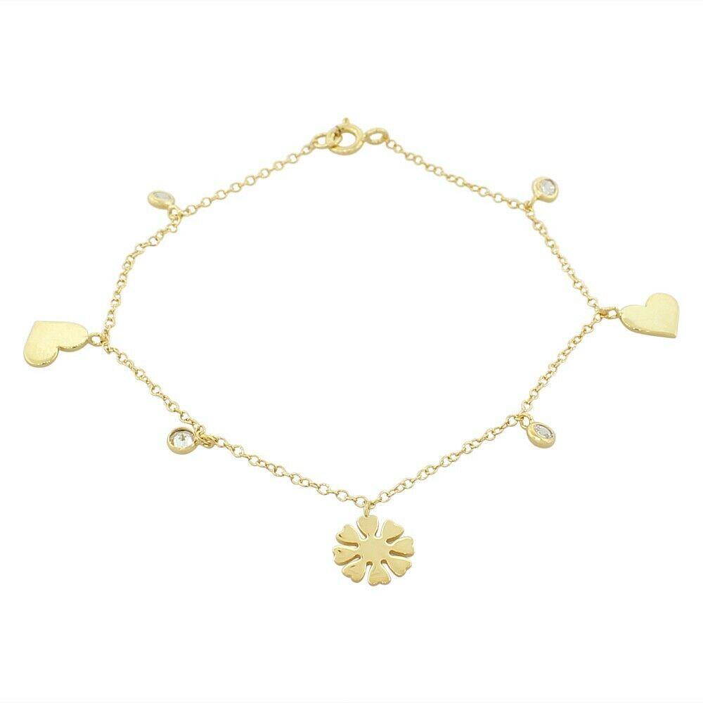 

Sterling Silver Gold Plated Crystals Love Heart Flower Girls Link Chain Bracelet