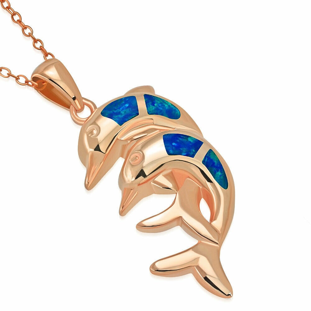 

Sterling Silver Gold-Tone Simulated Blue Opal Dolphin Pendant Necklace