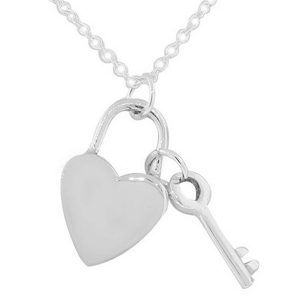 

Sterling Silver Love Heart Padlock Key Womens Pendant Necklace with Chain