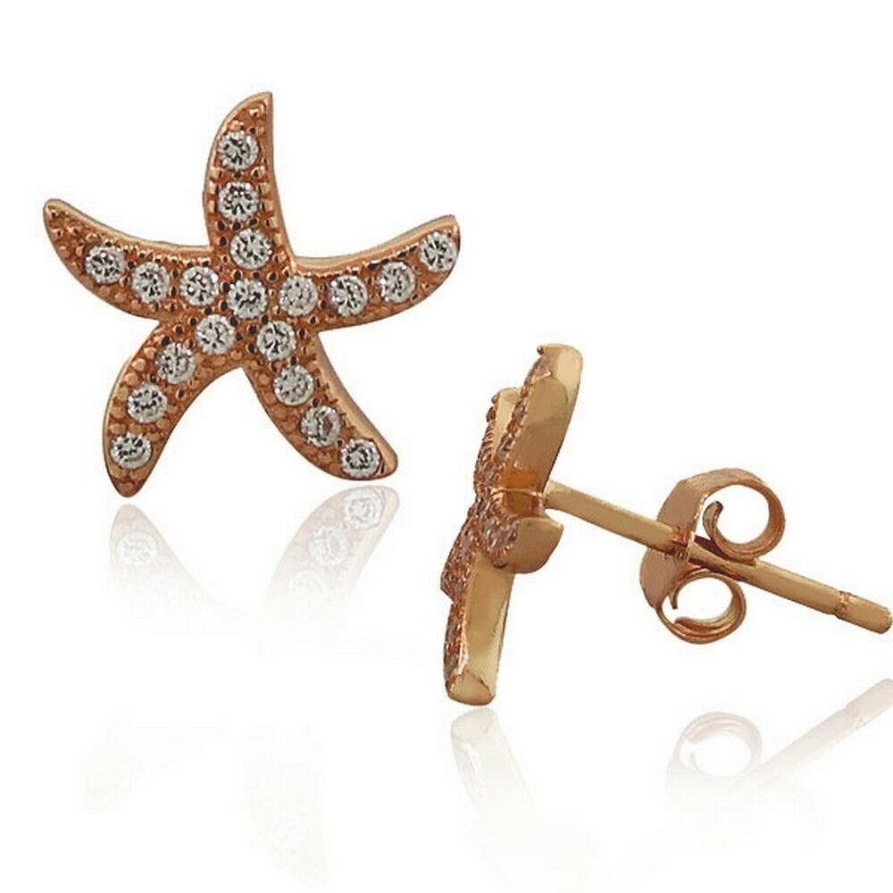 

Sterling Silver Rose Gold White Crystals Starfish Womens Girls Stud Earrings