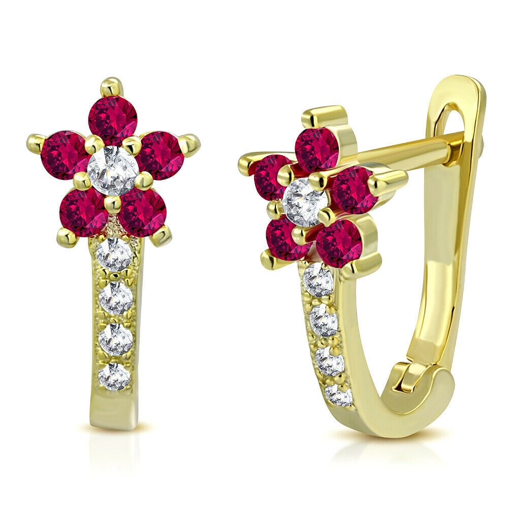 

Sterling Silver Yellow Gold-Tone White Red CZ Girls Huggie Flower Earrings