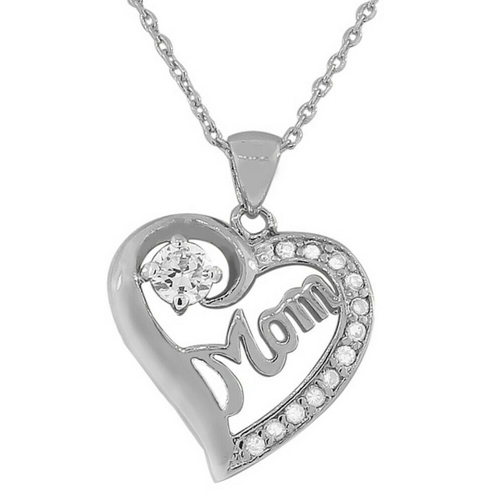 

Sterling Silver White Gold Love Heart Mom Mother Crystals CZ Pendant Necklace
