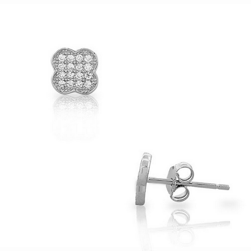 

Sterling Silver White Crystals CZ Clover Flower Small Womens Girls Stud Earrings