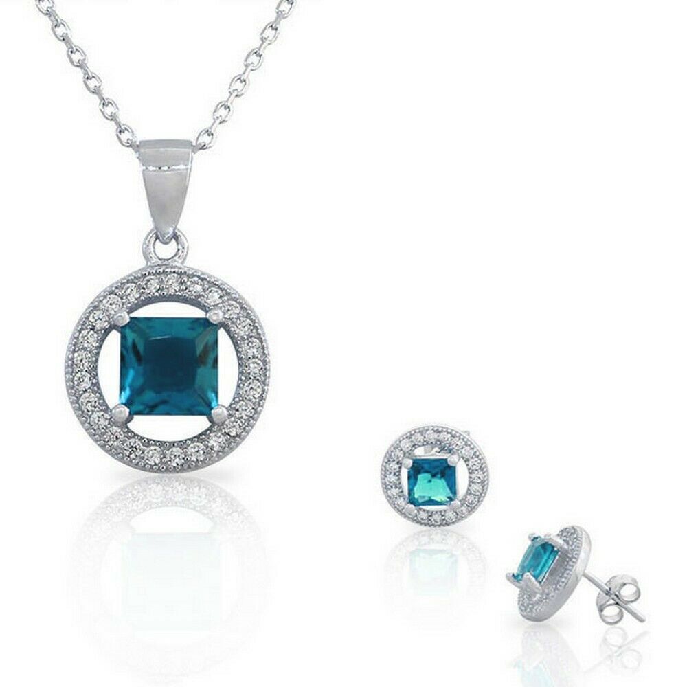 

Sterling Silver Blue White Crystals CZ Round Square Pendant Necklace Earrings