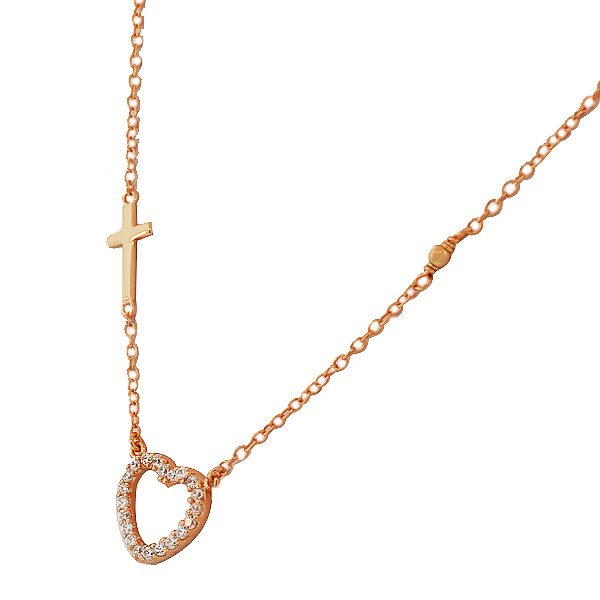 

Sterling Silver Rose Gold Love Heart Cross White Crystals Womens Pendant