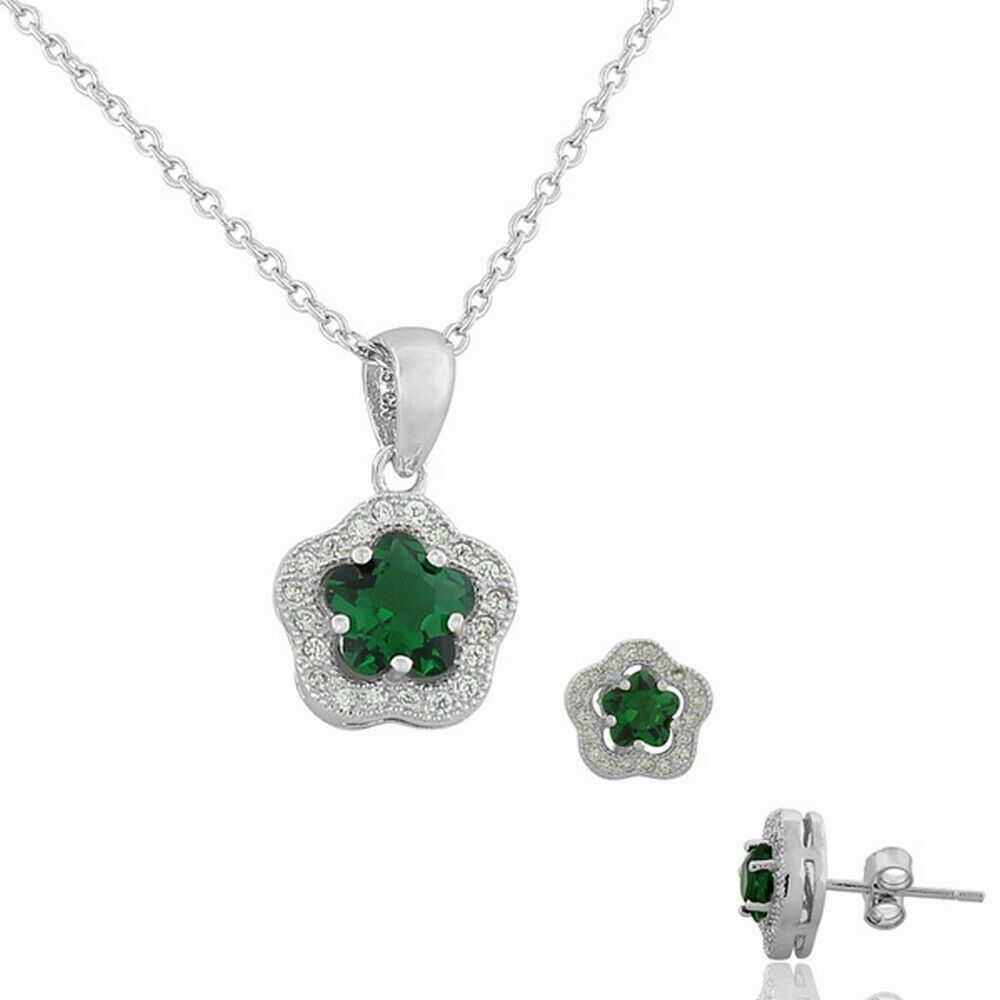 

Sterling Silver Green White Crystals Flower Pendant Necklace Stud Earrings Set