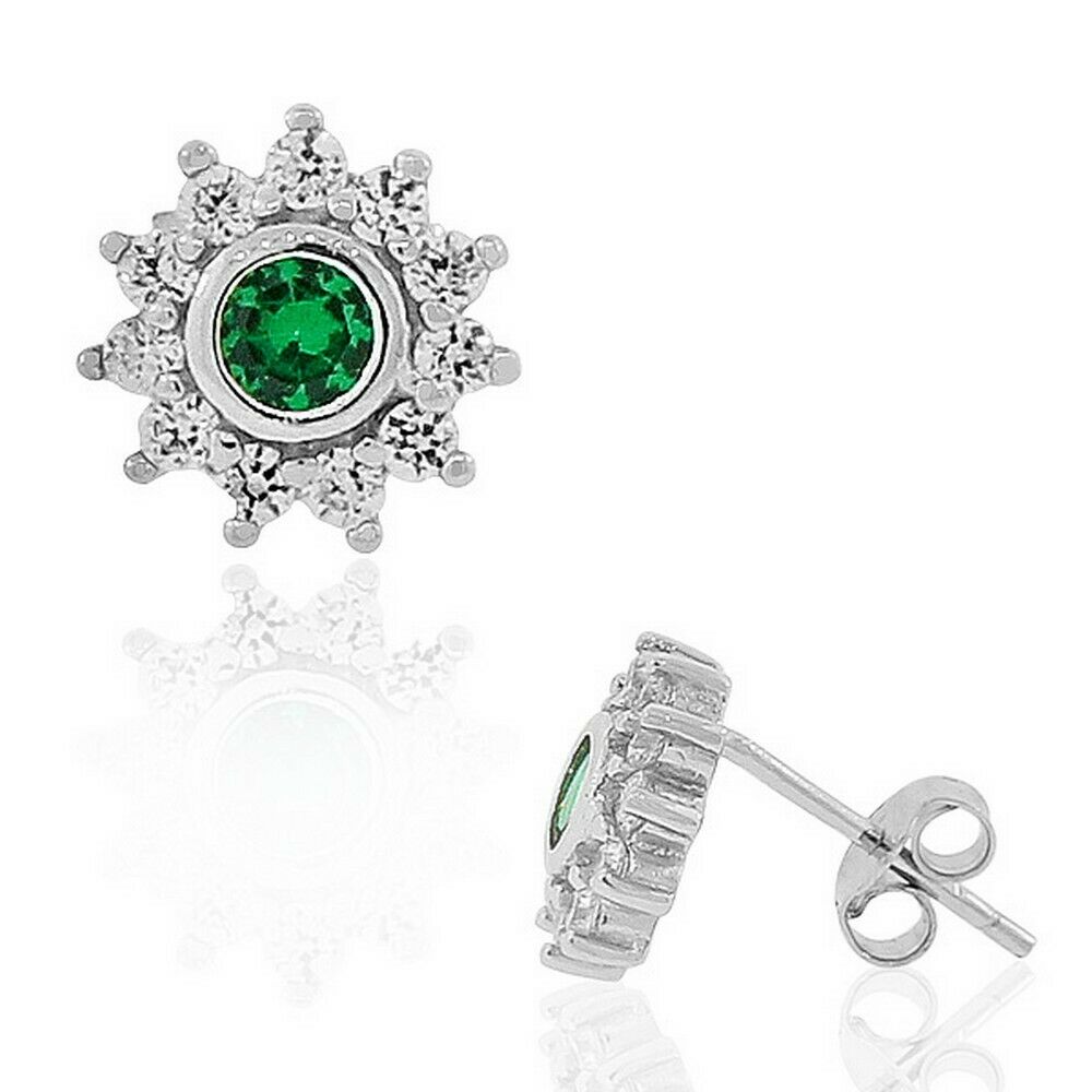 

Sterling Silver White Gold-Tone Green Crystals CZ Flower Stud Earrings