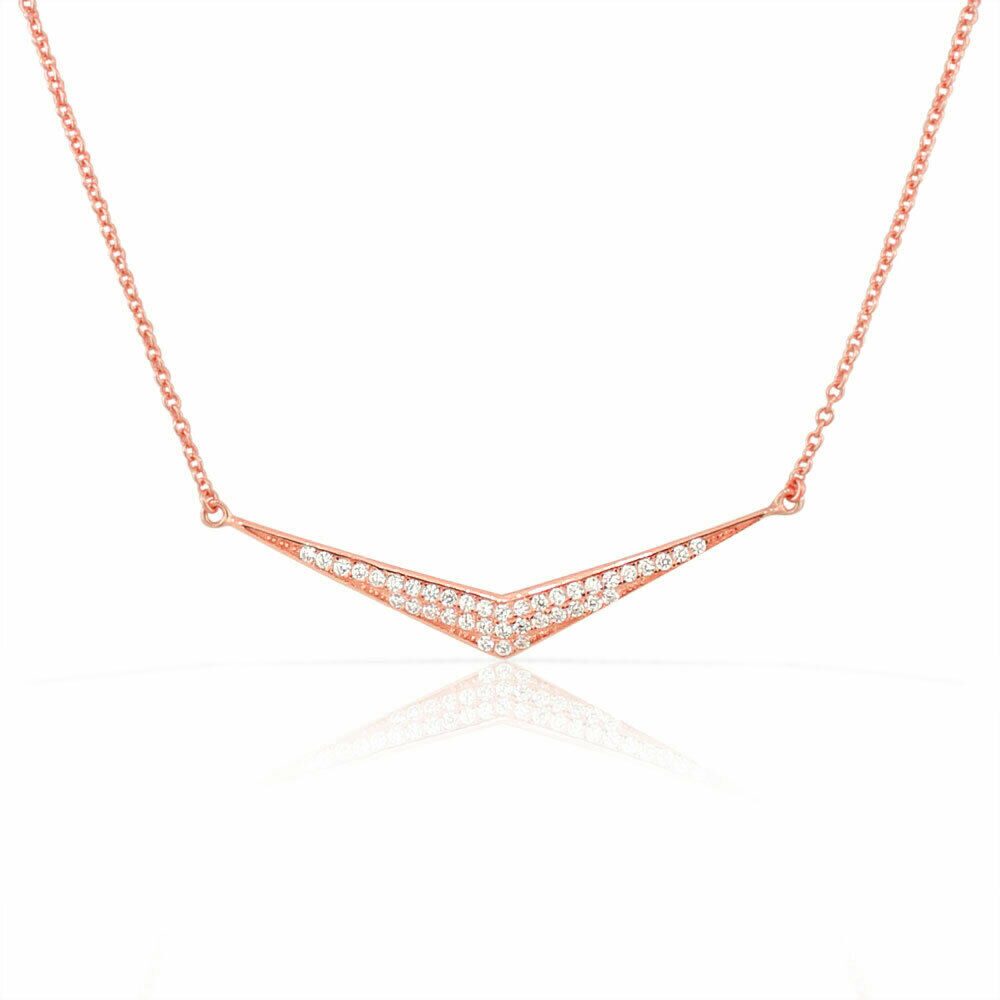 

Sterling Silver Rose Gold-Tone White Crystals CZ Sideways Bar Pendant Necklace