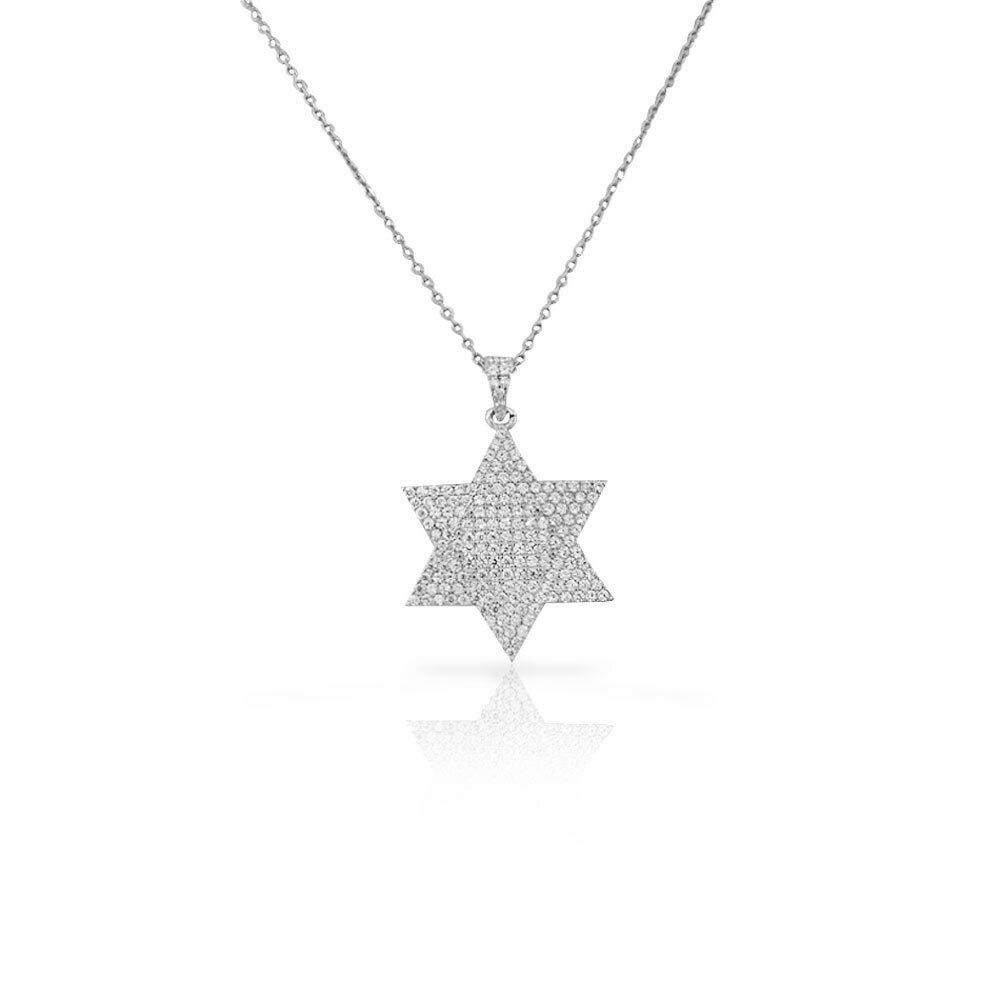 

Sterling Silver Jewish Star David White Crystals CZ Statement Pendant Necklace