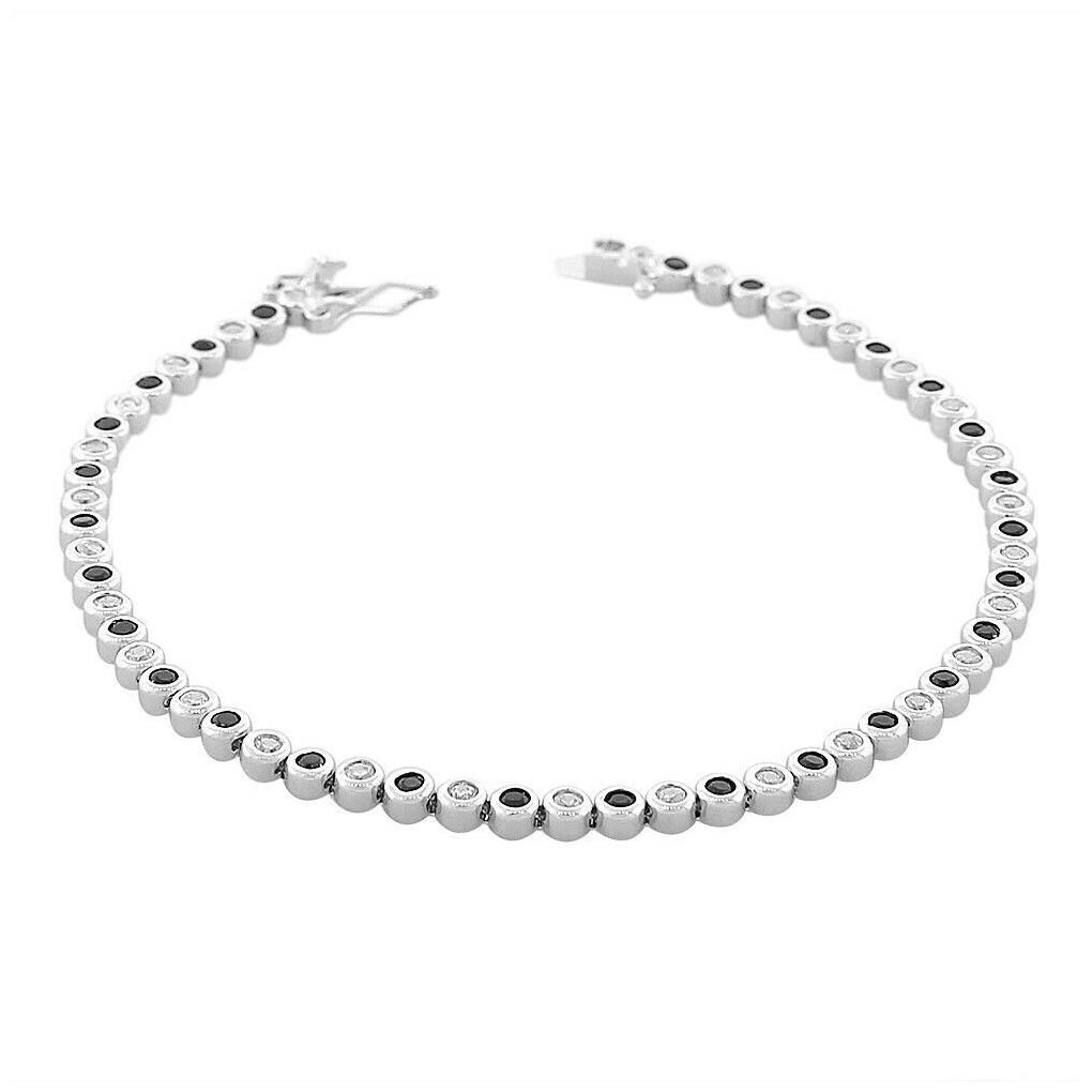 

Sterling Silver Bezel-Set Round White Black Crystals CZ Classic Tennis Bracelet