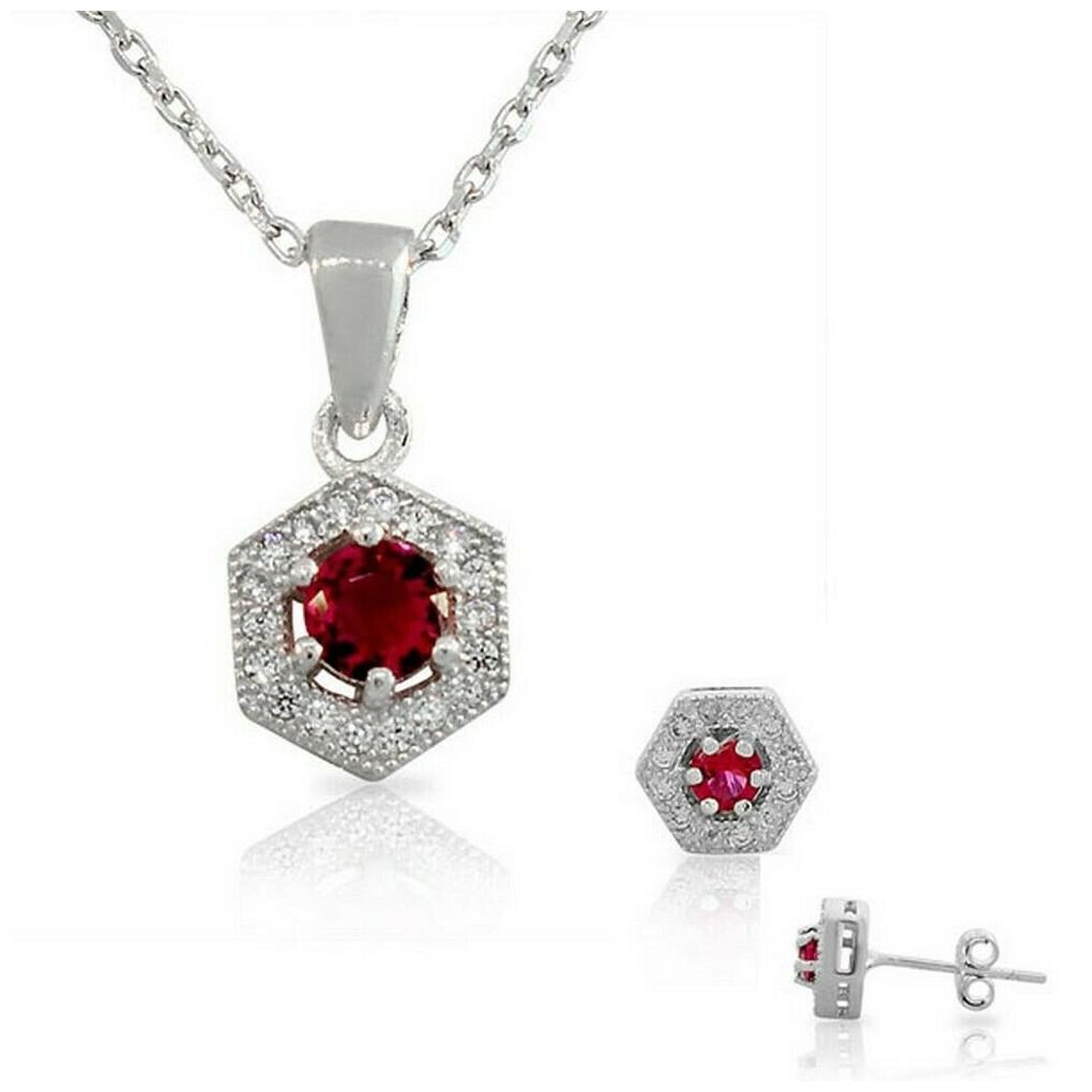 

Sterling Silver Pink White Crystals CZ Round Pendant Necklace Stud Earrings Set