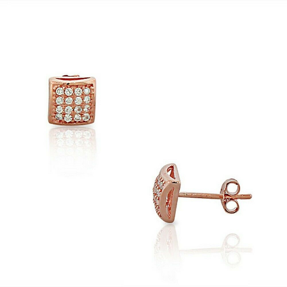 

Sterling Silver Rose Gold White Crystals CZ Cushion Square Classic Stud Earrings