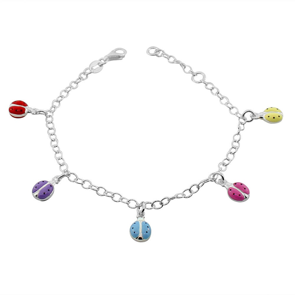 

Sterling Silver Multicolor Enamel Ladybug Womens Girls Link Chain Bracelet
