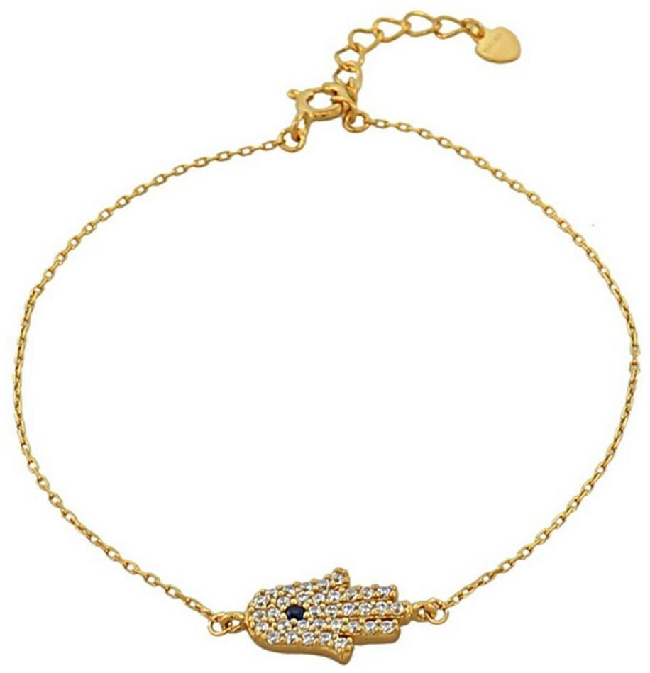 

Sterling Silver Yellow Gold Plated Crystals Hamsa Evil Eye Link Chain Bracelet