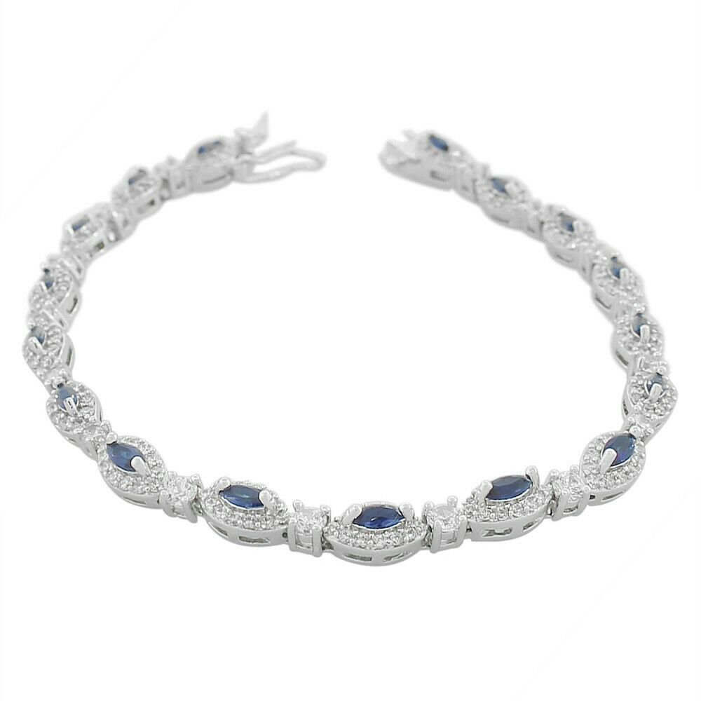 

Sterling Silver Marquise White Blue Sapphire-Tone Crystals CZ Tennis Bracelet