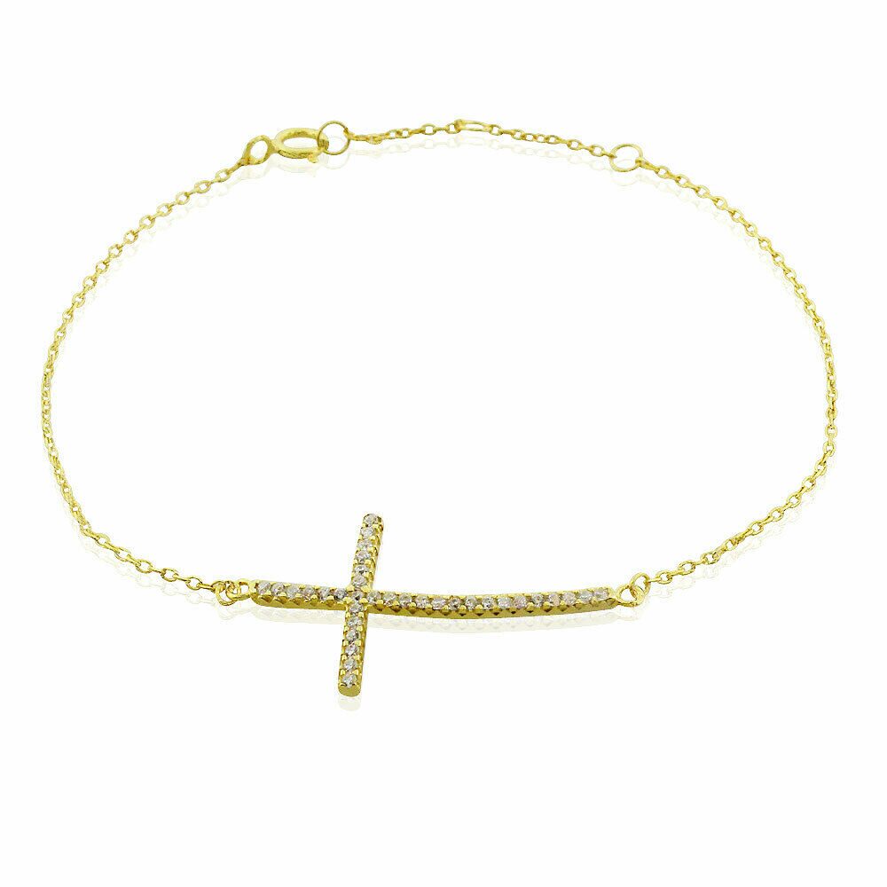 

Sterling Silver Rose Gold Womens Horizontal White CZ Cross Link Chain Bracelet