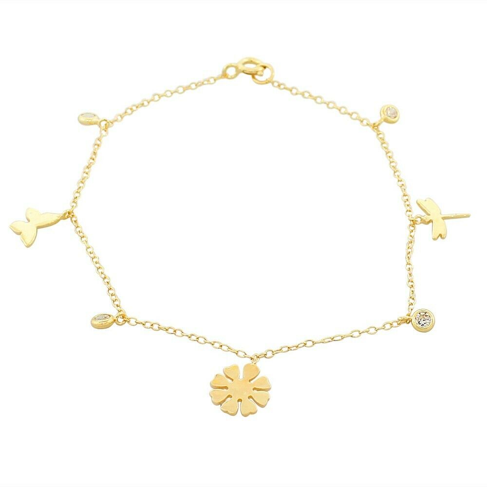

Sterling Silver Gold Crystals Dragonfly Flower Womens Girls Chain Bracelet