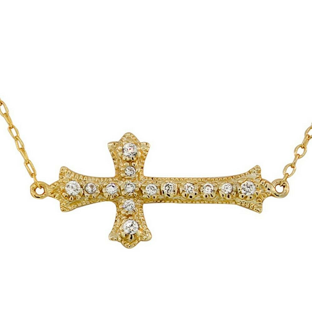 

Sterling Silver Yellow Gold Horizontal Cross White Crystals CZ Pendant Necklace