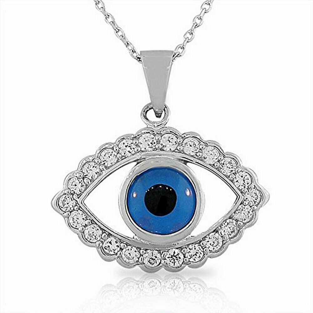 

Sterling Silver Large Blue White Crystals Womens Evil Eye Hamsa Pendant Necklace