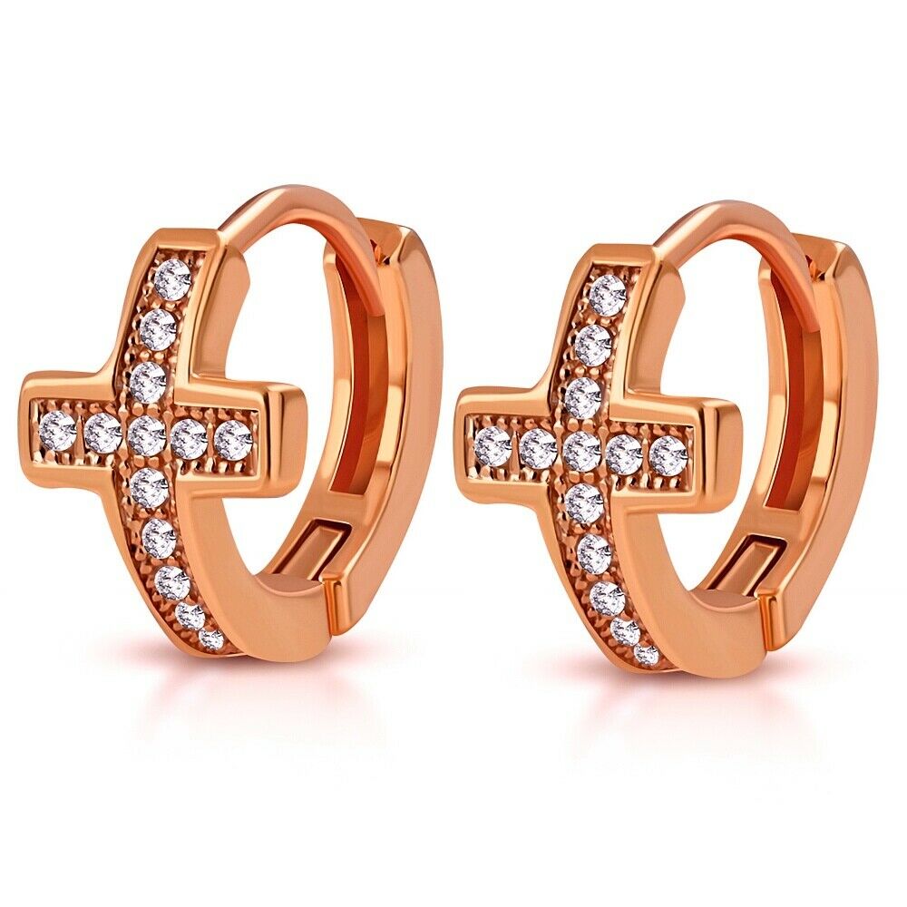 

Sterling Silver White Crystals Cross Religious Hoop Huggie Girls Small Earrings