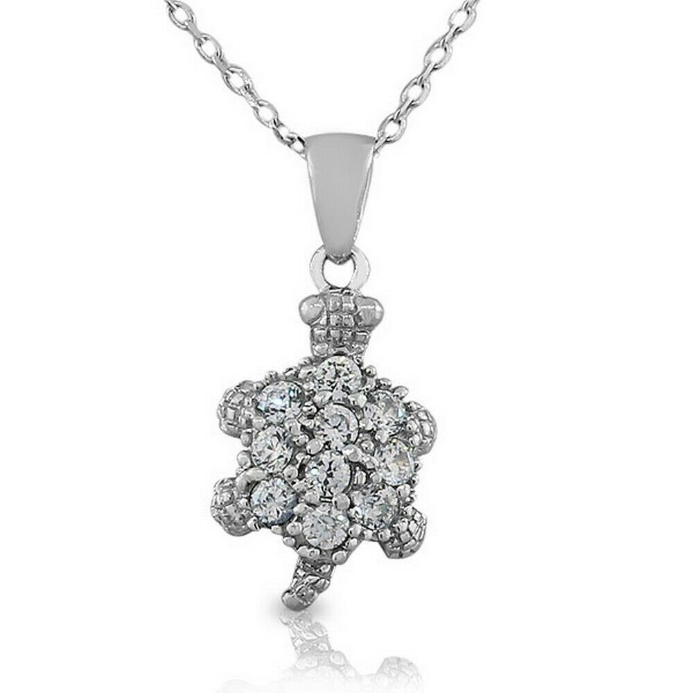 

Sterling Silver Womens Girls Turtle White Crystals CZ Pendant Necklace