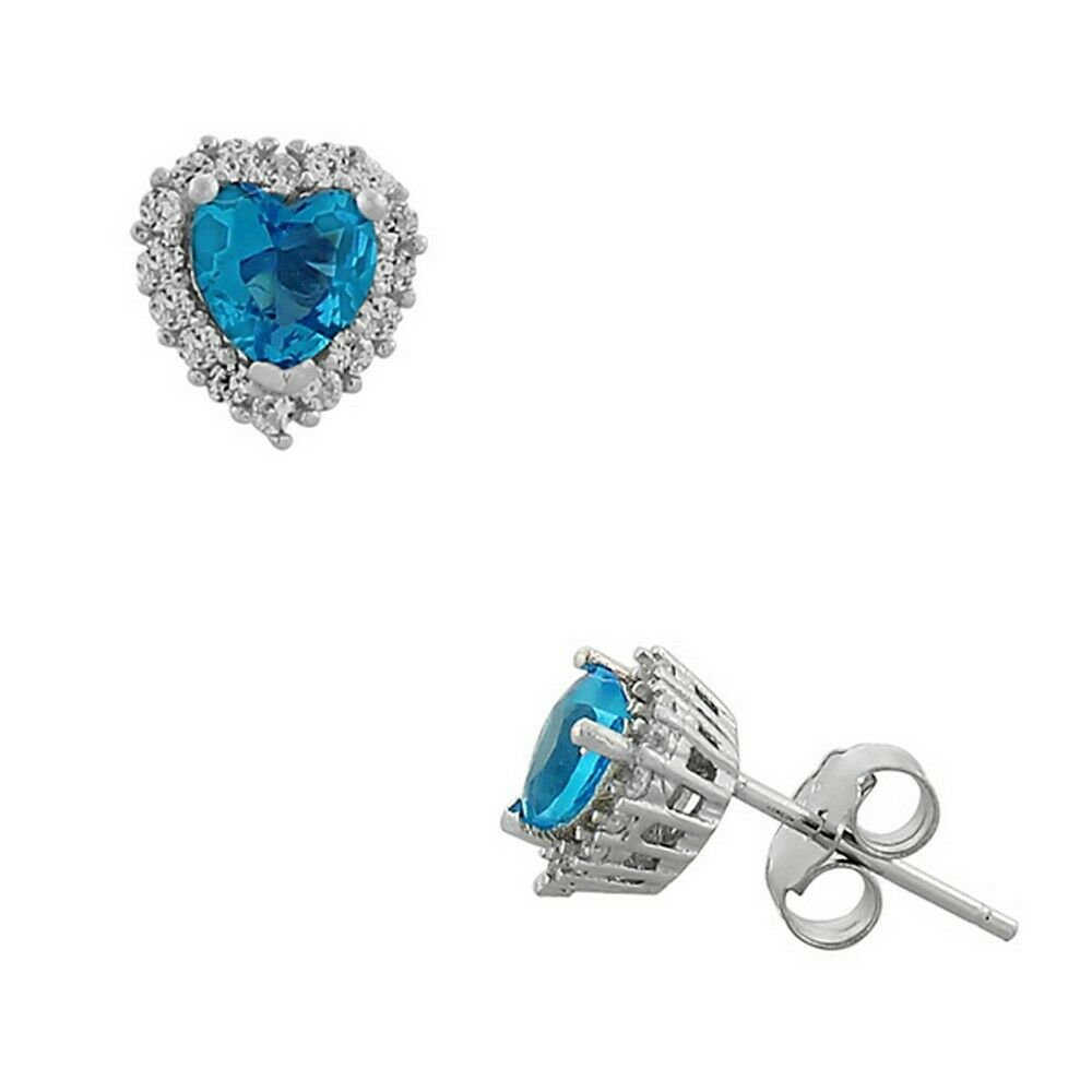 

Sterling Silver Love Heart Light Blue Aquamarine White Crystals CZ Stud Earrings