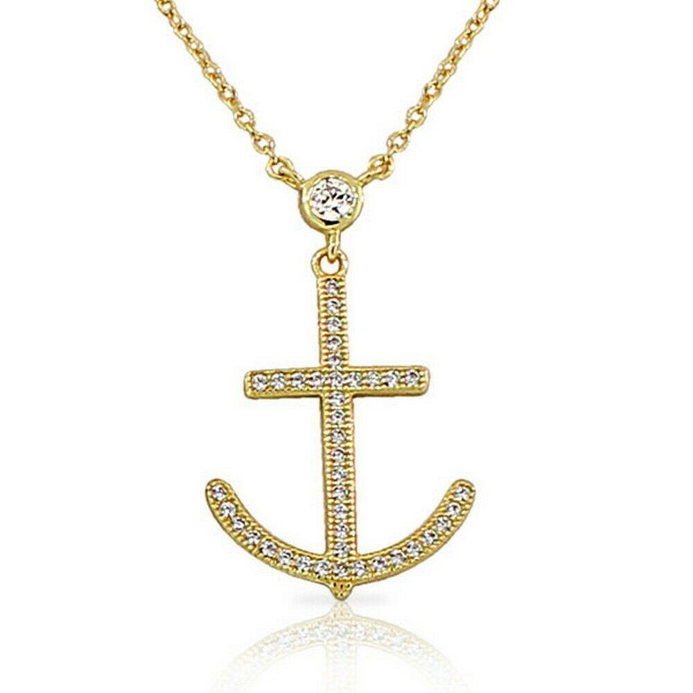 

Sterling Silver Yellow Gold Plated Crystals CZ Cross Anchor Pendant Necklace