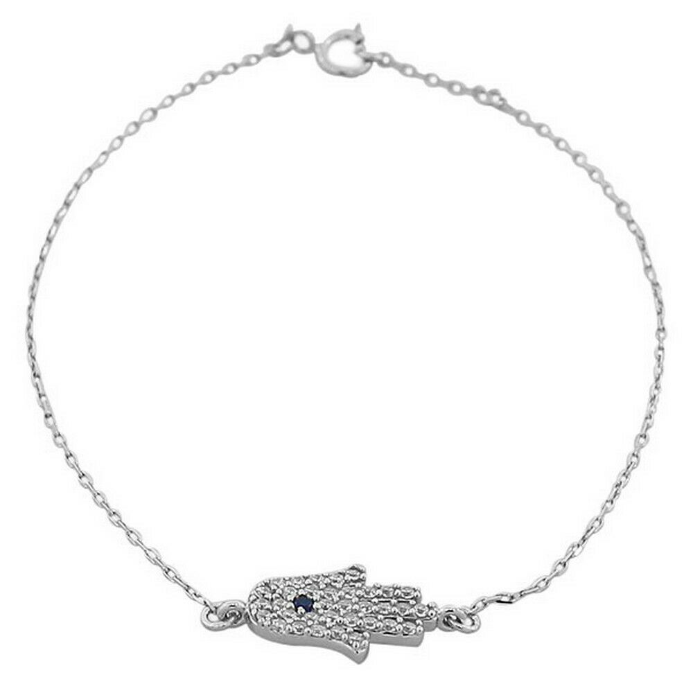 

Sterling Silver Yellow Gold Plated Crystals Hamsa Evil Eye Link Chain Bracelet