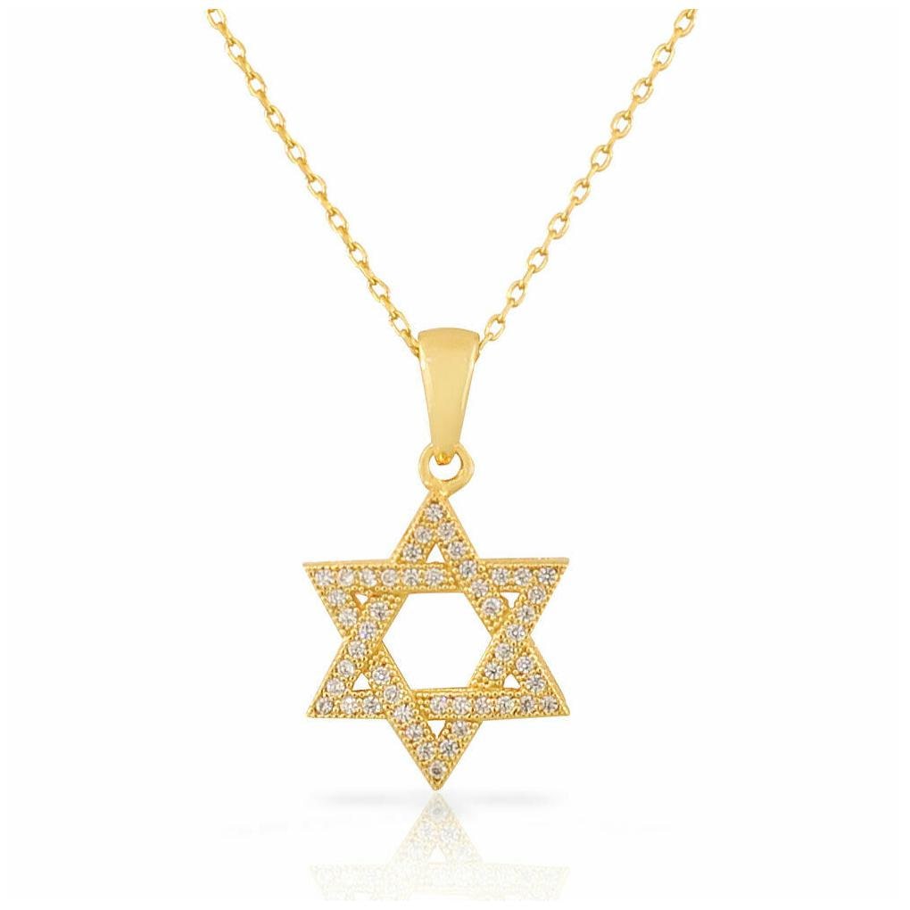

Sterling Silver Gold-Tone Jewish Star David White Crystals CZ Pendant Necklace