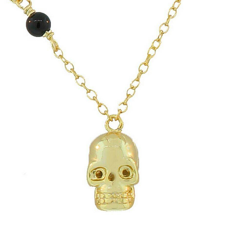 

Sterling Silver Yellow Gold Black CZ Skull Charm Womens Pendant Necklace