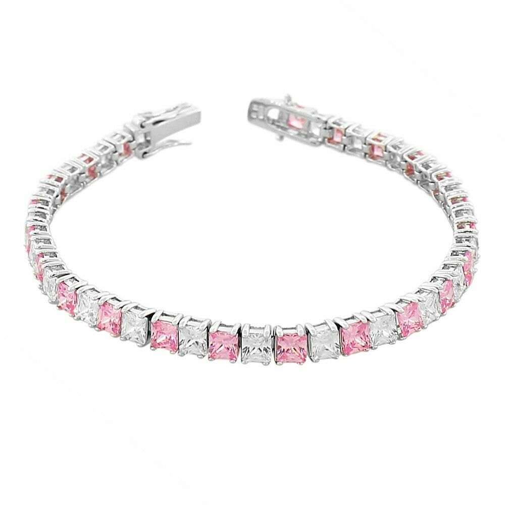 

Sterling Silver Princess White Purple Amethyst-Tone Crystals CZ Tennis Bracelet