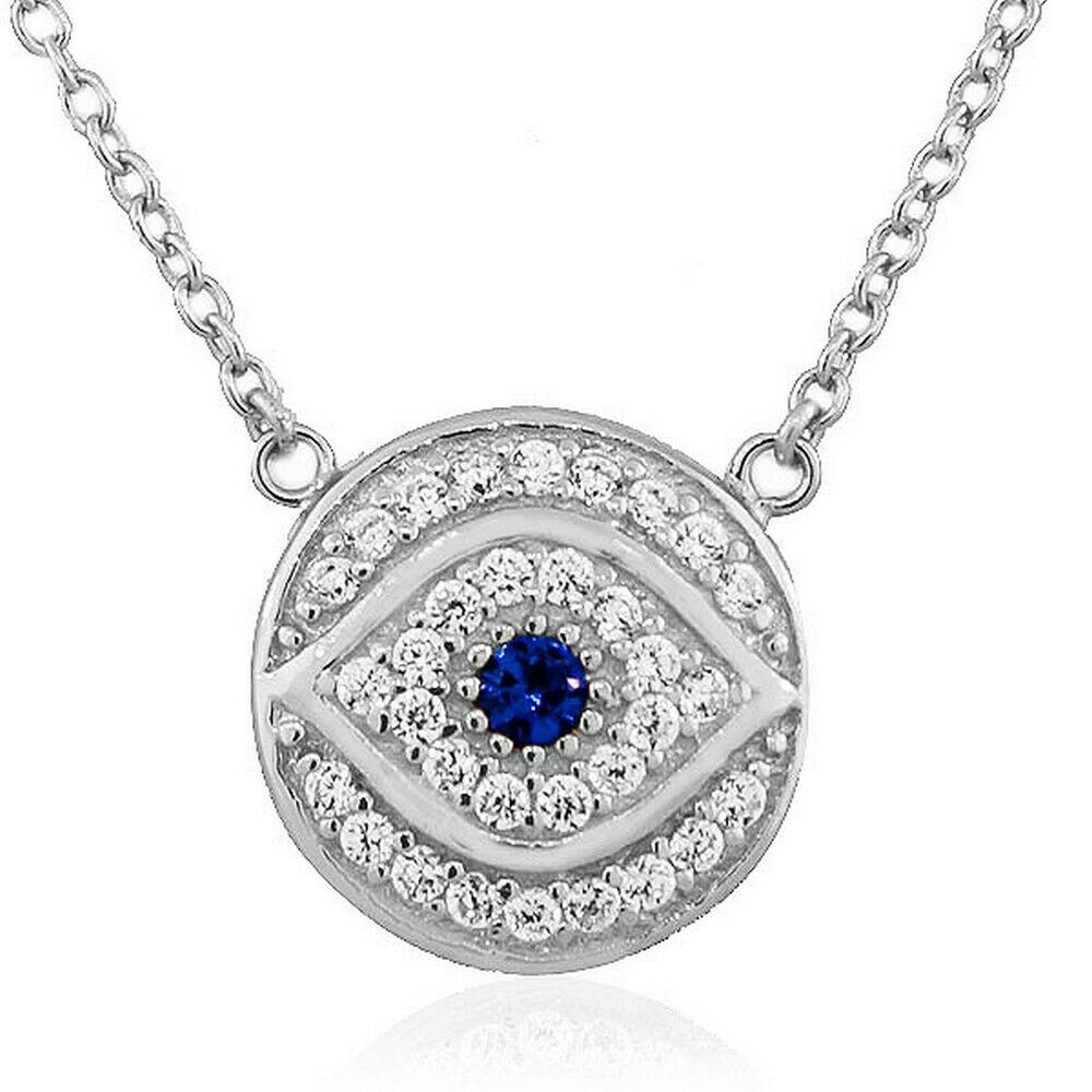 

Sterling Silver White Blue CZ Round Hamsa Evil Eye Womens Pendant Necklace
