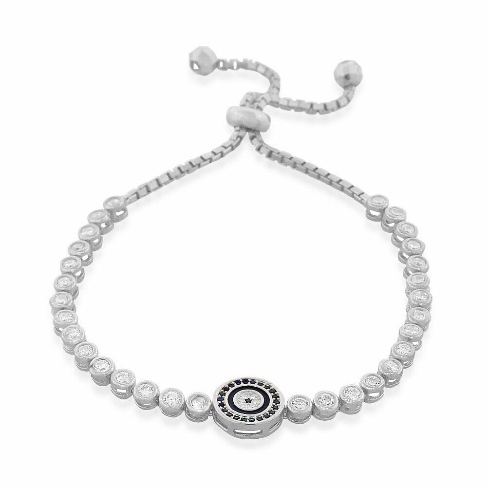

Sterling Silver White Bezel-Set Crystals CZ Evil Eye Link Chain Bracelet