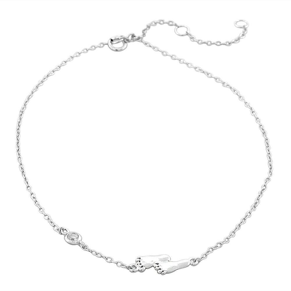 

Sterling Silver Bezel-Set Crystal CZ Foot Feet Womens Link Chain Anklet Bracelet